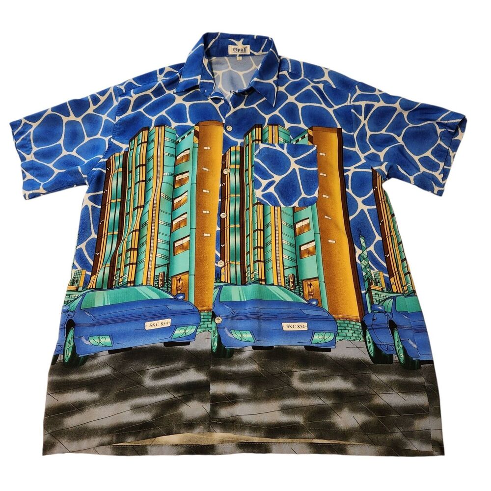 Vintage OPAL Cityscape Sports Car All Over Print SS Button Up Shirt Mens Large